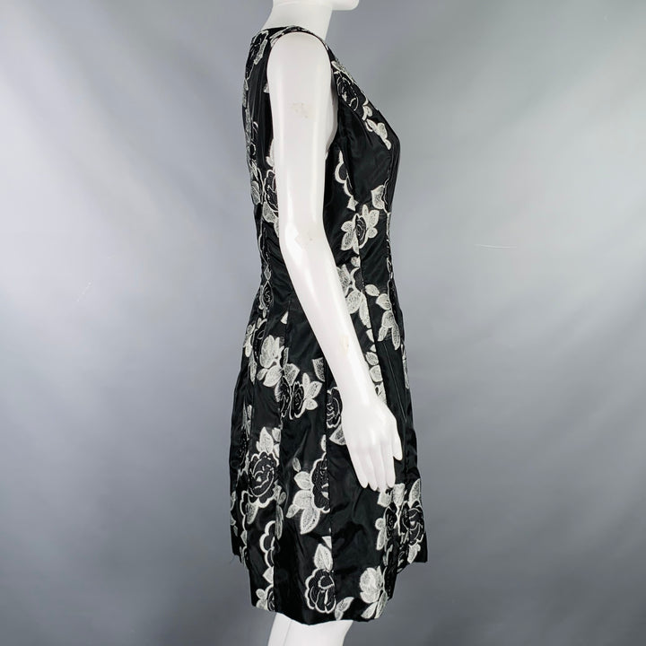 PRABAL GURUNG Size 10 Black Silver Polyester Floral A-Line Cocktail Dress