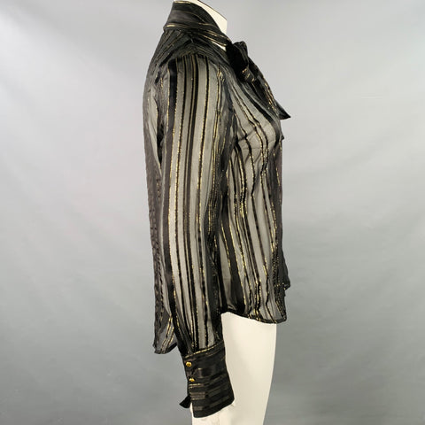 FRAME Size L Black Gold Metallic Stripe Bow Button Up Blouse