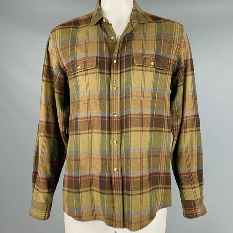 RALPH LAUREN Size XL Brown Green Plaid Cotton Elbow Patches Long Sleeve Shirt