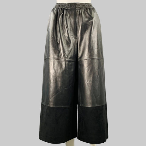 LOEWE Size XS Black Lambskin Leather Goat Suede Wide Leg Dress Pants