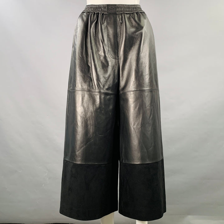LOEWE Size XS Black Lambskin Leather Goat Suede Wide Leg Dress Pants