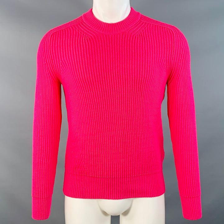 AMI by ALEXANDRE MATTIUSSI Size S Fuchsia Pink Rib Knit Cotton Blend Crew Neck Sweater