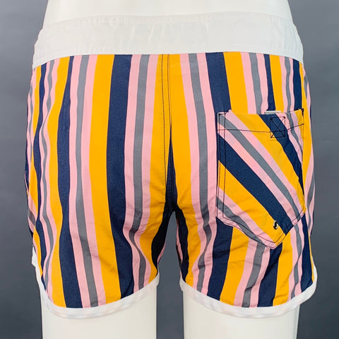 MR TURK Size 30 Multi Color Stripe Polyester Contrast Trim Mesh Swim Trunks