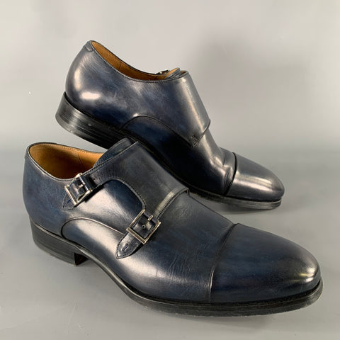 MAGNANNI Size 8 Navy Black Leather Double Monk Strap Loafers