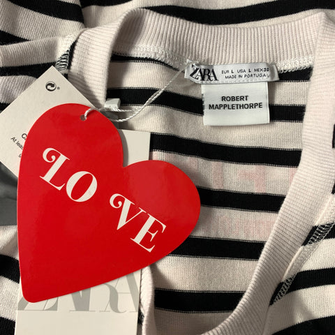 ZARA Size L White Black Stripe Cotton Crew Neck Pullover