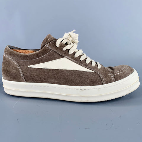RICK OWENS Size 10 Grey Cream Leather Lace-Up Sneakers