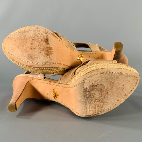 PRADA Size 11 Beige Taupe Leather Woven Espadrille Sandals