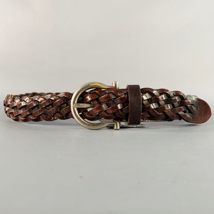 SALVATORE FERRAGAMO Size 38 Dark Brown Silver Braided Leather Belt