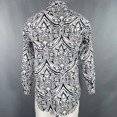 ETRO Size XXL White Navy Tapestry Cotton Long Sleeve Shirt