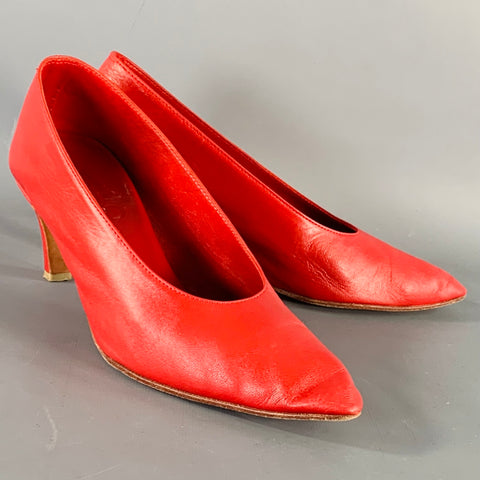 MARTINIANO Size 7.5 Red Goat Leather Pointed Toe Pumps
