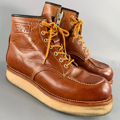 KENZO Size 9.5 Brown Contrast Stitch Leather Lace-Up Zipper Boots
