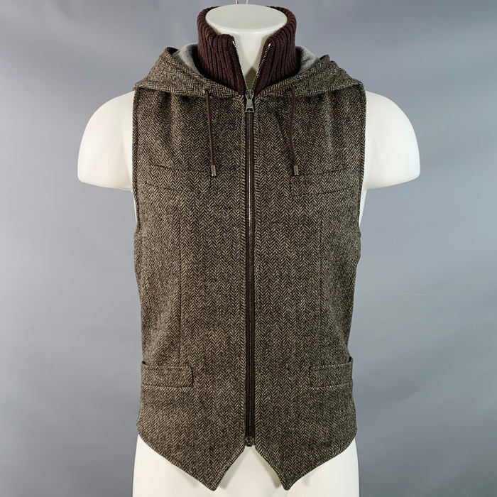 DOLCE & GABBANA Size M Brown Herringbone Tweed Wool Cotton Zip Up Vest