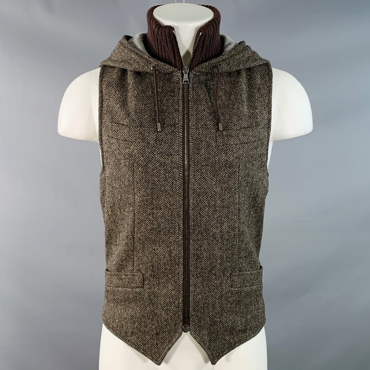 DOLCE & GABBANA Size M Brown Herringbone Tweed Wool Cotton Zip Up Vest