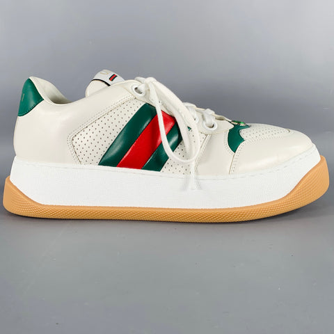 GUCCI Size 9.5 Screener White Red Green Perforated Leather Rubber Sole Sneakers