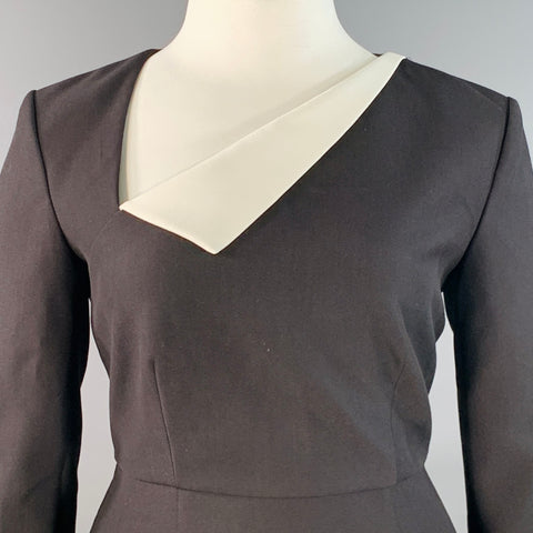 ROLAND MOURET SS24 Size 10 Monochrome Black White Polyester Blend Color Block Long Sleeve Midi Dress
