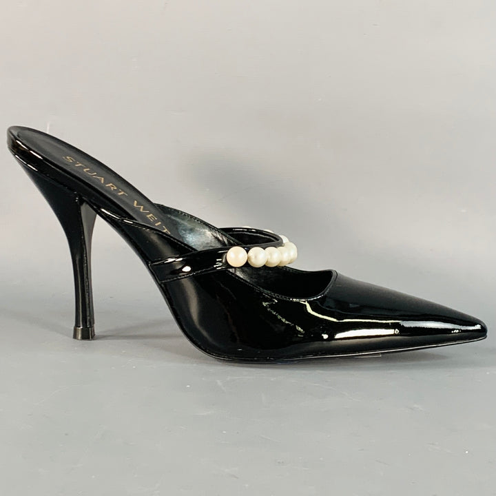 STUART WEITZMAN Size 7.5 Black Patent Leather Faux Pearl Pointed Toe Pumps