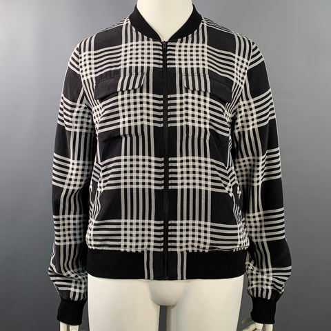 EQUIPMENT Size L Black White Silk Plaid Zip Up Bomber Jacket