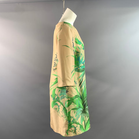 NATAN COLLECTION Size 8 Beige Green Silk Leafs Shift Knee Length Dress