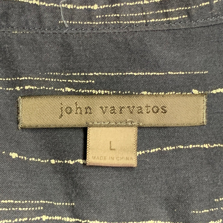 JOHN VARVATOS Size L Navy Grey Wavy Lines Cotton Blend Collarless Long Sleeve Shirt