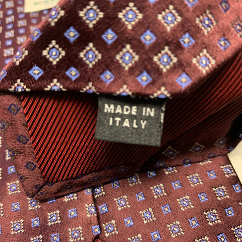 BORRELLI Burgundy Blue Squares Silk Tie