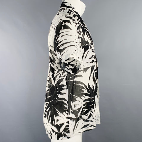 SAINT LAURENT Size M Black White Leaves 2 Pockets Short Sleeve Shirt