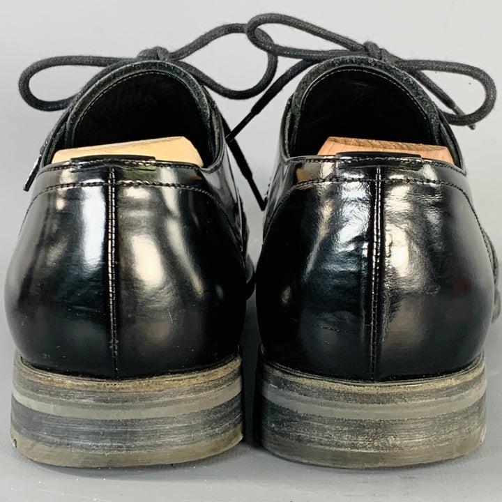 PRADA Size 9.5 Black Leather Perforated Wingtip Derby Lace-Up Shoes