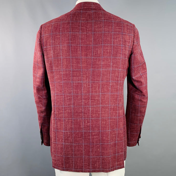 SARTORIO Size 44 Regular Burgundy Windowpane Wool Linen Silk Sport Coat