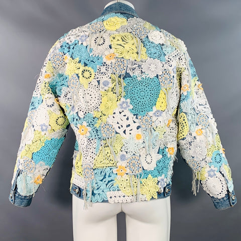 EARTHLING VIP Size M Poetic Lust Blue White Yellow Crochet Lace Cotton Trucker Jacket