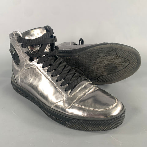 VERSACE Size 8 Silver Black Metallic Leather High Top Sneakers