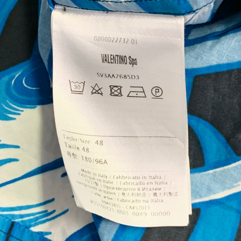 VALENTINO Size S Black White Blue Koi Fish Cotton One Pocket Camp Short Sleeve Shirt