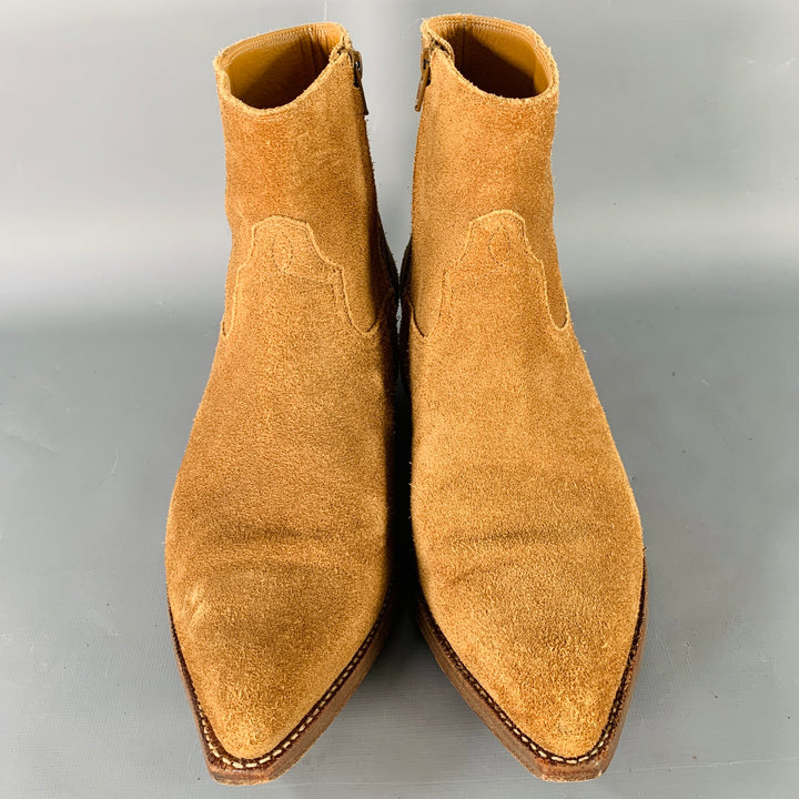 SAINT LAURENT Size 10 Camel Suede Side Zipper Western Cowboy Ankle Boots