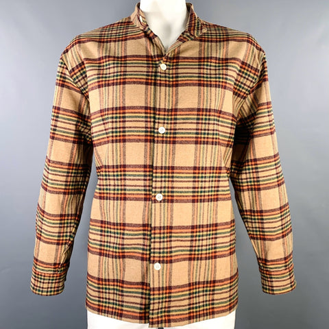 DRO'LE DE MONSIEUR Size L Camel Brown Orange Plaid Wool Blend Long Sleeve Shirt
