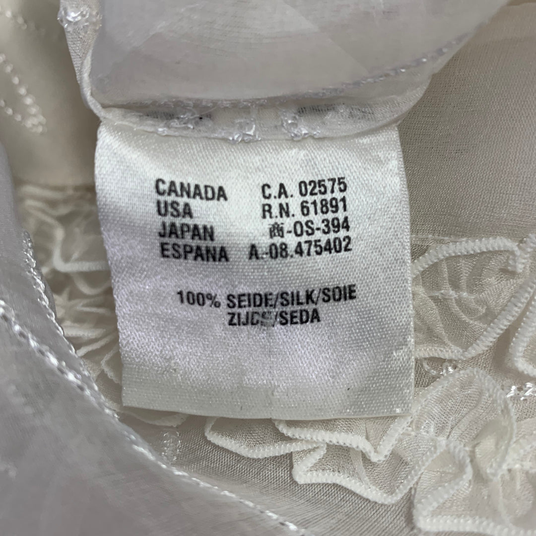 ESCADA Size XL Off White Silk Sheer Embroidered Ruffled Button Up Shirt