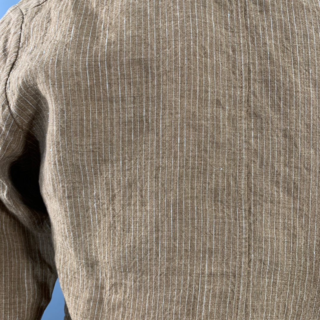 FRANK LEDER Size S Brown White Stripe Linen Spread Collar Long Sleeve Shirt