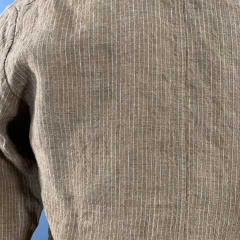 FRANK LEDER Size S Brown White Stripe Linen Spread Collar Long Sleeve Shirt