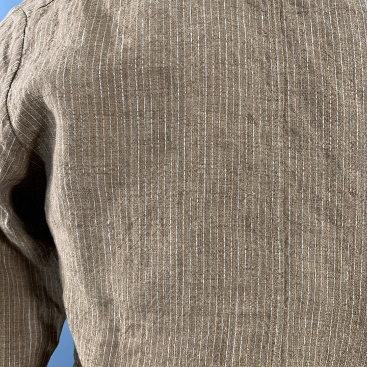 FRANK LEDER Size S Brown White Stripe Linen Spread Collar Long Sleeve Shirt