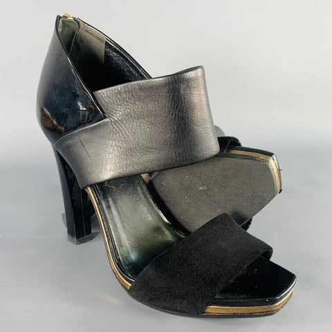 GUCCI Size 8.5 Black Gold Suede Patent Leather Ankle Sandals