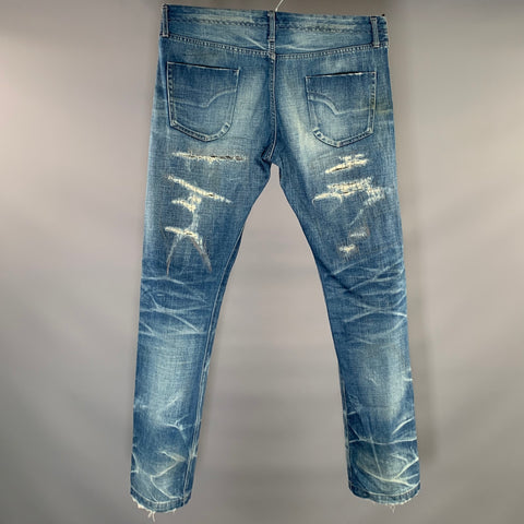 KZO Size 32 Blue Distressed Cotton Straight leg Jeans