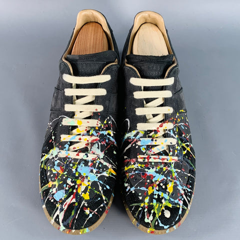 MAISON MARGIELA Size 9.5 Black Multi Color Lambskin Suede Paint Splatter Sneakers