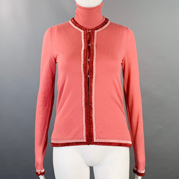 CHRISTIAN DIOR Size 4 Pink Cashmere Contrast Trim Turtleneck Cardigan Set