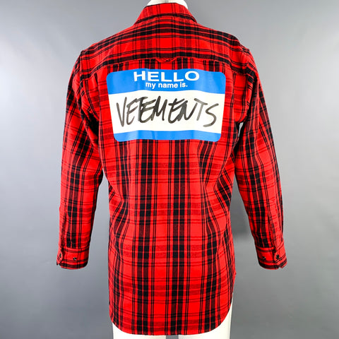 VETEMENTS Size XS -My Name Is- Red Black Plaid Cotton Blend Long Sleeve Shirt