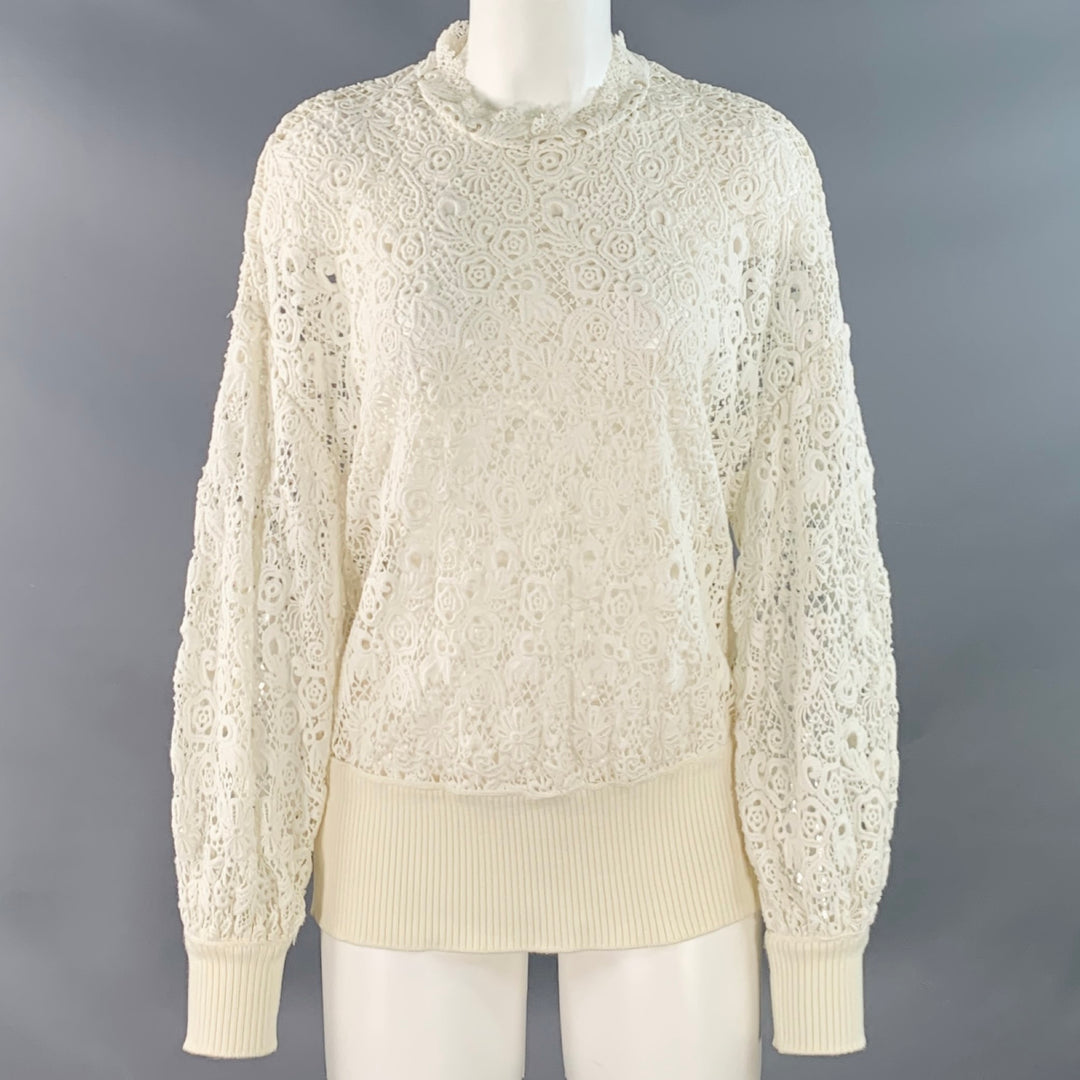 BURBERRY Size M White Cotton Blend Guipure Lace Long Sleeve Blouse