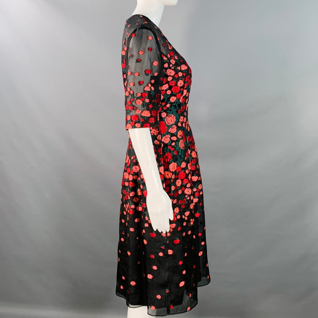 LELA ROSE Size 6 Black Red Silk Blend Floral Evening Cocktail Dress