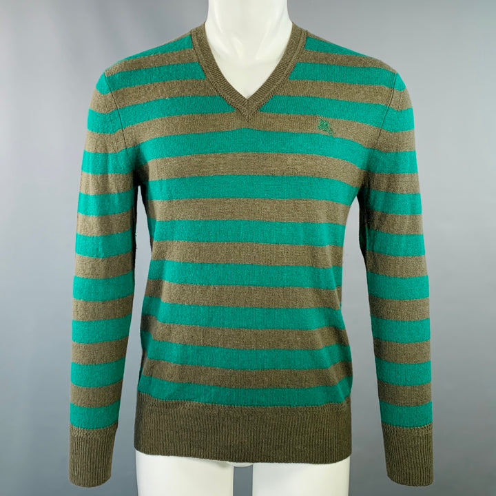 BURBERRY BRIT Size M Green Brown Stripe Cashmere V-Neck Pullover