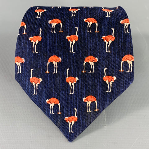 HERMES Navy Red Ostrich Birds Silk Tie