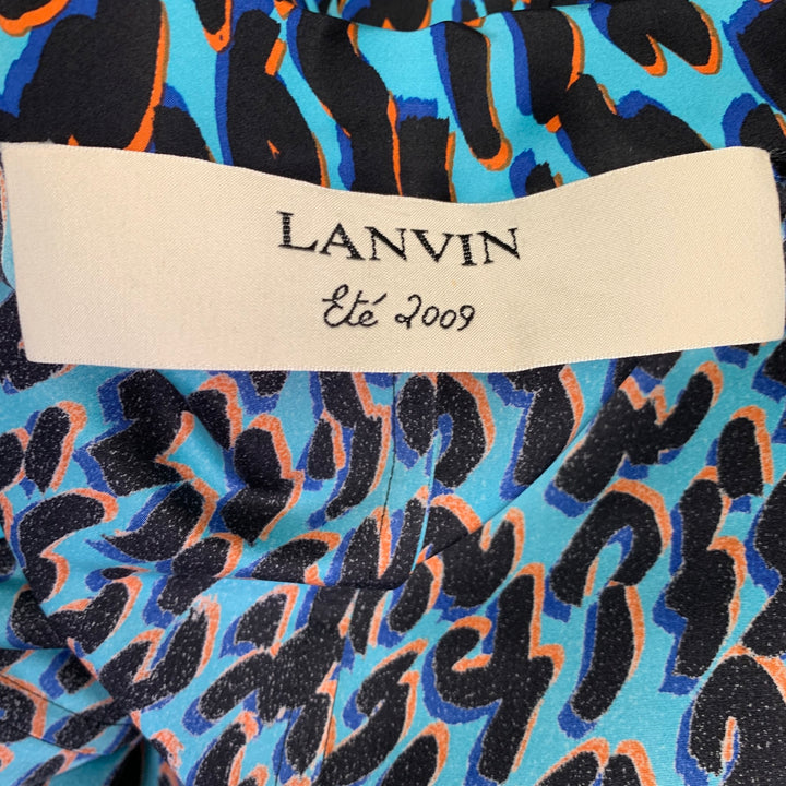 LANVIN Size M Blue Black Orange Silk Animal Print Hook Eye Closure Trenchcoat