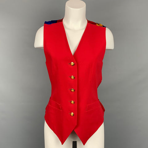 vintage ESCADA Taille 4 Gilet équestre en soie rouge et bleu or