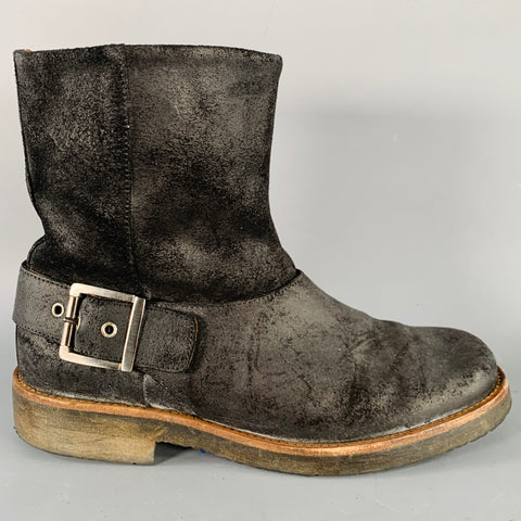 MAISON MARTIN MARGIELA Size 8 Black Distressed Roughout Leather Buckle Ankle Boots