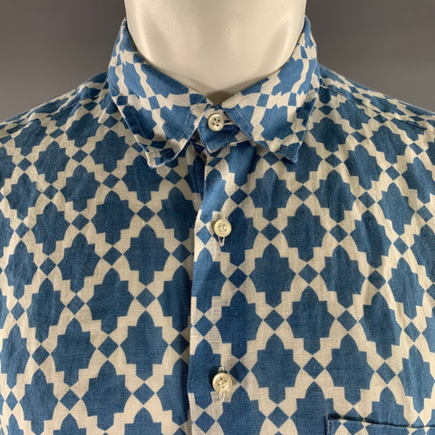 PENINSULA Size XL Blue White Geometric Linen Long Sleeve Shirt