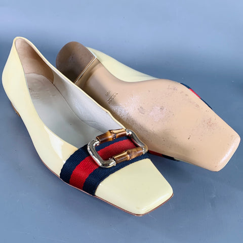GUCCI Vintage Size 10 Vernice Beige Red Blue Patent Leather Web Bamboo Buckle Flats